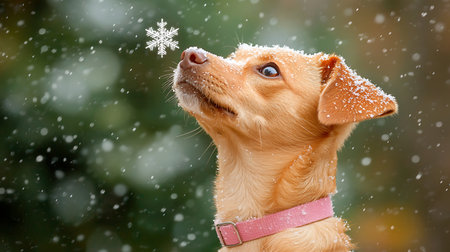 Cute dog with snowflakes outdoors on a cold winter dayの写真素材
