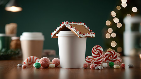 Coffee cup with gingerbread house and candies on tableの写真素材