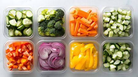Assorted fresh vegetables in plastic containersle background, top view