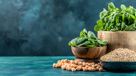 Bowls of chickpeas, spinach, spinach and spices on turquoise backgroundの写真素材