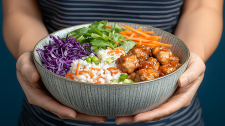 Woman holding bowl of rice with meatballs and vegetables, closeupの写真素材