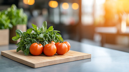 Fresh basil and tomatoes on wooden cutting board in cafe, stock photoの写真素材
