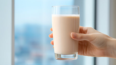 Female hand holding a glass of milk on blurred background, closeupの写真素材