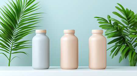 Mockup of cosmetic bottles and palm leaves. 3d illustrationの写真素材