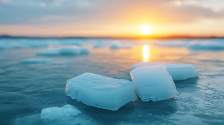 Ice floes on the surface of the lake at sunset in winter