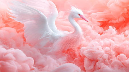 White heron with pink paint splash in water. Abstract background.の写真素材