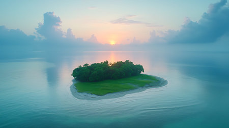 Aerial view of small island with green trees in the sea.の写真素材