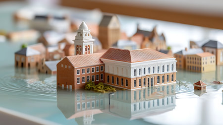 Miniature model of a school with reflection on the water surface.の写真素材