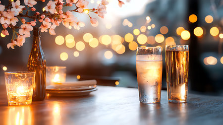 Two glasses of drinks on a table in a cafe with a bouquet of cherry blossoms