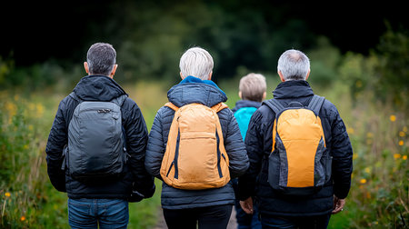 Rear view of a group of senior people walking in the countryside