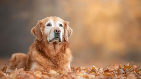 Portrait of golden retriever dog in autumn leaves. Selective focus.