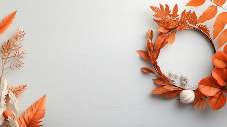 Autumn composition. Wreath made of leaves on white wooden background. Flat lay, top view, copy spaceの写真素材