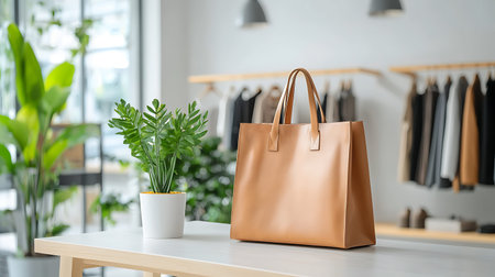 Stylish bag and plant on table in modern boutique, closeup