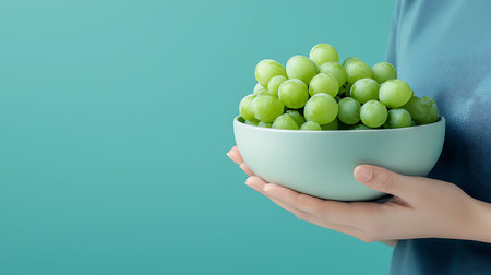 Woman holding bowl with fresh green grapes on color background, closeup
