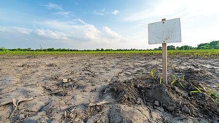 Sugar cane field with blank sign, blue sky and white cloudsの写真素材