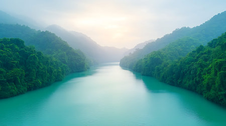 Panoramic view of river flowing through green forest in morning.