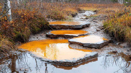 Stream in the autumn forest. Early autumn in the forest. Autumn landscape.の写真素材