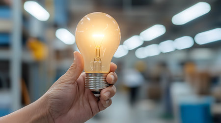 Hand holding a light bulb on blurred background, Business idea concept.の写真素材