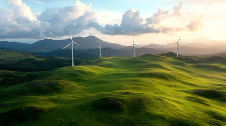Wind turbines on a green meadow in the mountains. 3d rendering