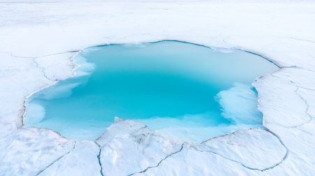 Blue lake in the winter season with cracks in the ice and snowの写真素材
