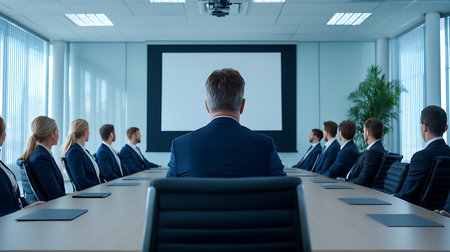 rear view of businessman sitting in conference hall and looking at blank posterの写真素材