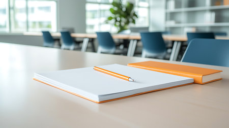 Notebook and pen on the table in the classroom, education conceptの写真素材