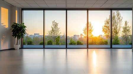 Empty room with panoramic window and city view. 3D renderingの写真素材