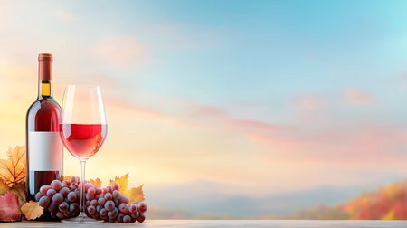 Wine bottle and glass of red wine with bunch of grapes on blurred backgroundの写真素材