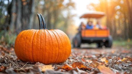 Pumpkin on the ground in the autumn forest with a car on the backgroundの写真素材