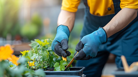 Gardener planting seedlings in a greenhouse. Gardening concept.の写真素材