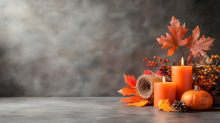 Autumn still life with pumpkins, leaves and candles on grey background