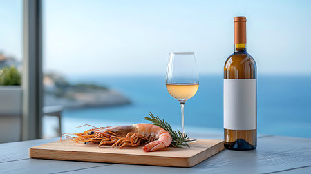 bottle of white wine with shrimps and rosemary on wooden boardの写真素材