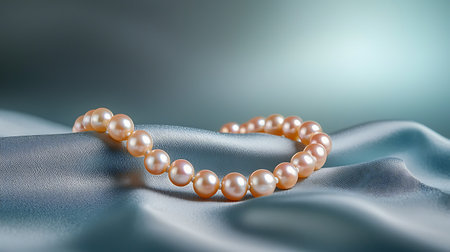 Pearl necklace on blue satin background, closeup. 3D renderingの写真素材