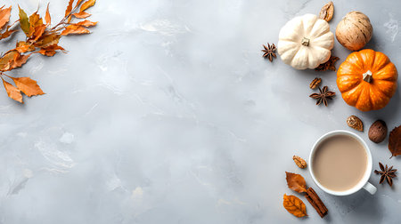 Autumn composition. Cup of coffee, pumpkins, autumn leaves and spicesle background. Flat lay, top view, copy spaceの写真素材