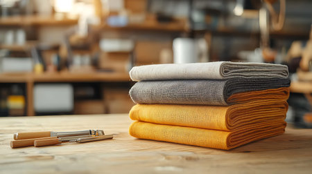 Towels on wooden table in workshop, closeup. Dry cleaning serviceの写真素材