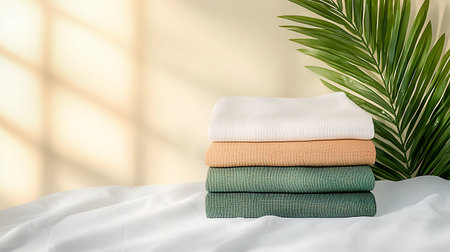 Stack of clean towels on bed with palm leaf, space for text