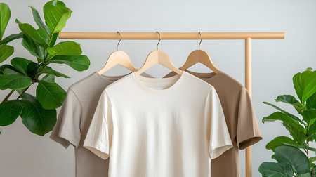 White t-shirt hanging on a wooden hanger with green plantの写真素材