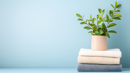 Stack of clean towels with green plant in pot on blue background.の写真素材