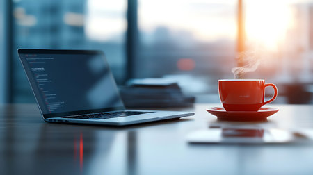 Laptop and a cup of coffee on the table in the office