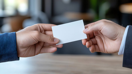 Businessman giving a blank business card to his colleague at office deskの写真素材