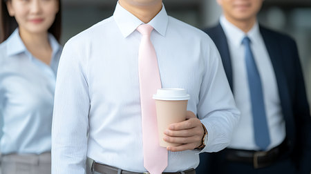 Close-up image of business people holding coffee cup while standing in officeの写真素材