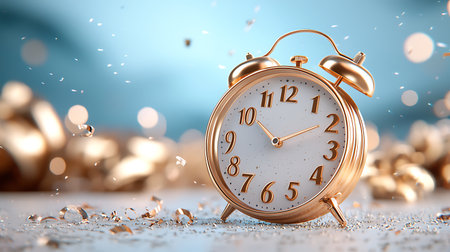 Golden alarm clock and confetti on blue background. 3D renderingの写真素材