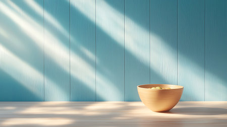 Wooden bowl on wooden table with blue background.の写真素材