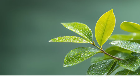 Green leaves with water droplets on a green background with copy space