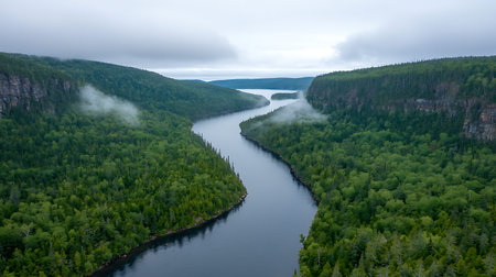 Aerial view of the river flowing through the forest on a cloudy dayの写真素材
