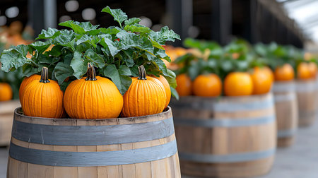 Pumpkins in a wooden barrel on the background of the store
