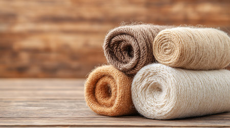 Rolls of yarn on wooden table, closeup. Space for textの写真素材
