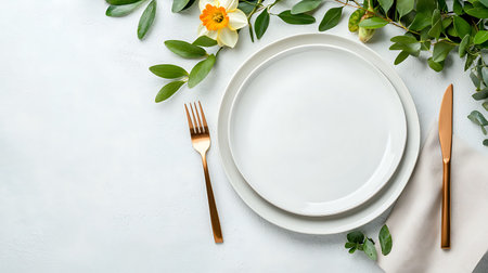 Spring table setting with daffodils, plates and cutlery