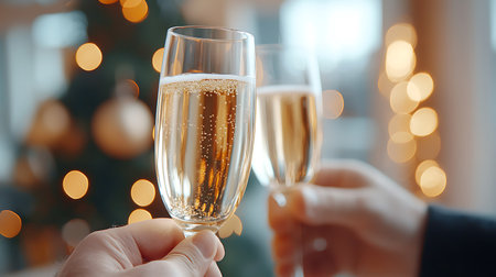 Close-up of two hands holding champagne glasses. Man and woman celebrating Christmas or New Year.の写真素材