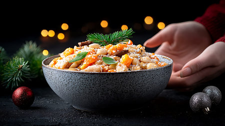 Porridge with vegetables in a bowl on a black backgroundの写真素材